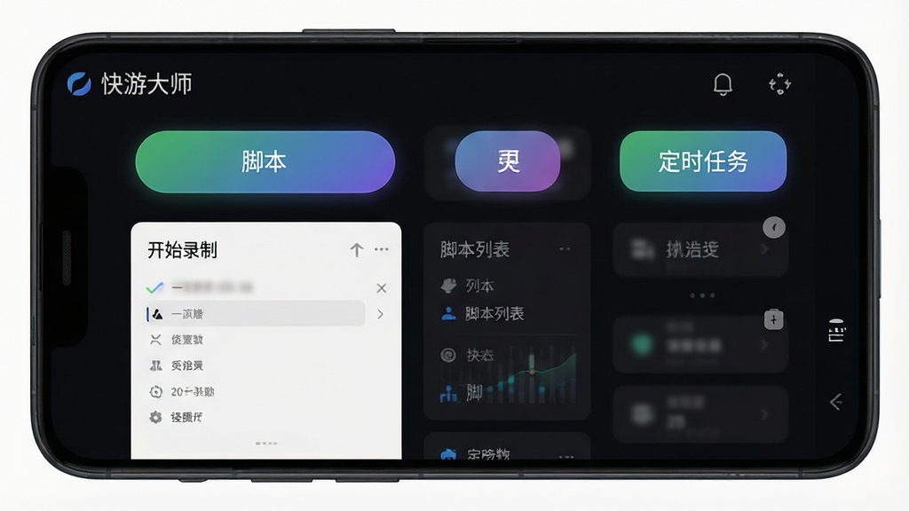 一张展示快游大师软件界面的高清图片,画面主体为一部安卓手机屏幕,屏幕上显示快游大师应用主界面,界面包含开始录制、脚本列表、定时任务等功能按钮,布局简洁清晰,排版为手机竖屏展示,风格为现代科技感UI设计,细节上按钮带有微光渐变效果,背景为深色护眼模式,画质为2K超清,干净无多余元素