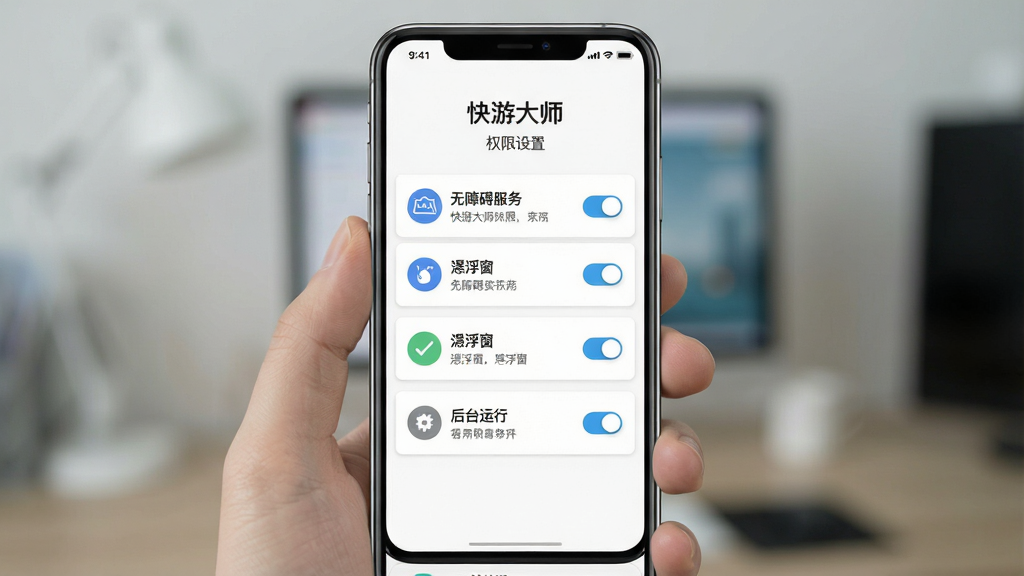 一张展示快游大师权限设置引导页面的AI生图,画面主体为手机屏幕显示权限开启列表,布局为纵向排列无障碍服务、悬浮窗、后台运行等权限项,排版为手机竖屏,风格为扁平化引导页设计,细节上每项权限配有图标与开关按钮,背景为白色简洁风格,画面中文字标注“快游大师”与“权限设置”,画质为高清,干净无多余元素