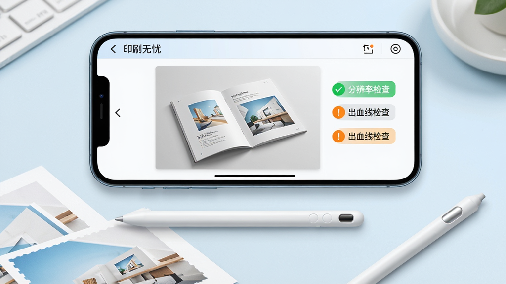 一部智能手机横屏展示印刷无忧APP的文件上传与预览界面,屏幕中显示一份画册设计稿的缩略图,旁边有“分辨率检查”“出血线检查”等提示标签;手机下方有一支触控笔和几张打印样张;布局为手机居中,触控笔斜放在右下角;排版上预览图占据屏幕主要区域;风格为清新办公风,白色与浅蓝色为主;细节上文件缩略图清晰,提示标签带有绿色对勾和橙色感叹号;画质高清,画面整洁。