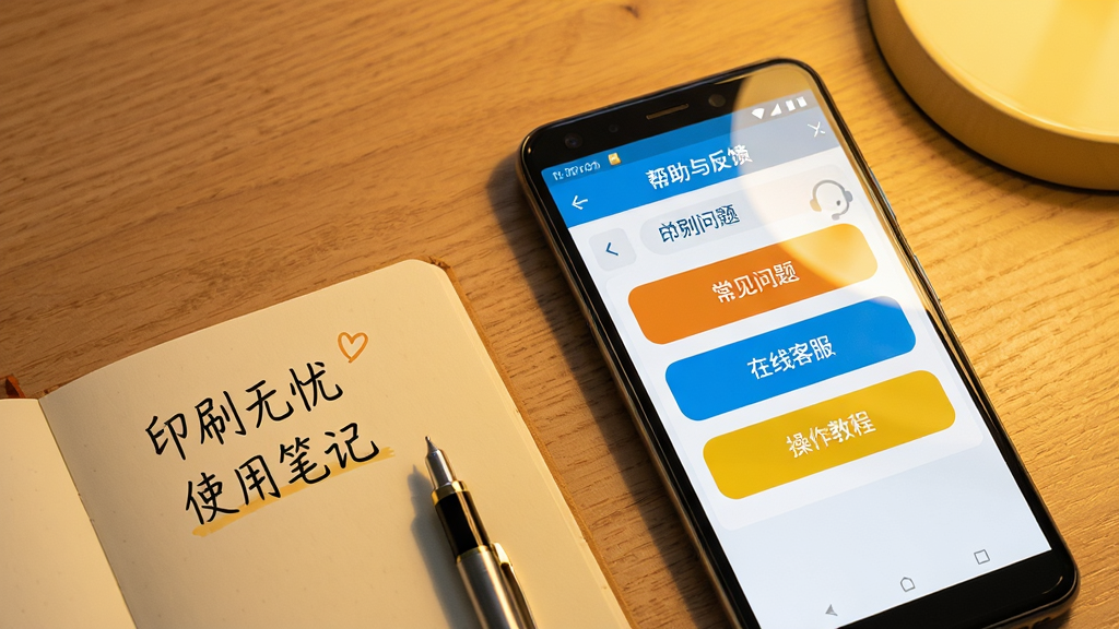一部安卓手机屏幕显示印刷无忧APP的“帮助与反馈”页面,页面中包含“常见问题”“在线客服”“操作教程”等入口按钮;手机旁边放着一本翻开的笔记本和一支笔,笔记本上写着“印刷无忧 使用笔记”;布局为手机居中偏右,笔记本在左下方;排版上屏幕内容清晰,按钮颜色鲜明;风格为温暖学习风,木色桌面搭配暖黄灯光;细节上笔记本字迹工整,手机屏幕有轻微反光;画质高清,画面干净。