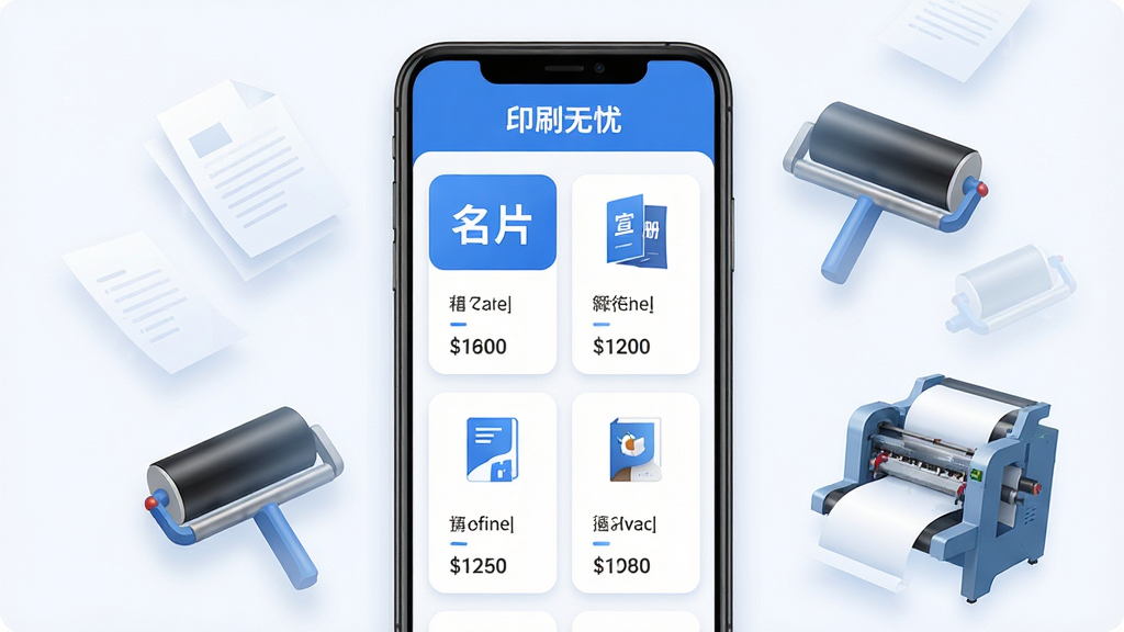 一部安卓手机竖屏展示印刷无忧APP的在线下单页面,页面中清晰列出名片、宣传单、画册等印刷品类卡片,每张卡片带有小图标和价格区间;手机周围漂浮着纸张、墨辊、印刷机等半透明元素,营造数字化印刷氛围;布局为手机居中,元素环绕四周;排版简洁,顶部有“印刷无忧”文字标识;风格为扁平化科技商务风,主色调为蓝色与白色;细节上卡片圆角、图标精致、光影柔和;画质高清,画面干净无杂乱元素。