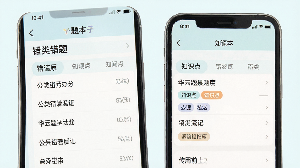 公务员考试华云题库 错题本界面 展示分类错题列表与知识点标签 手机屏幕 排版整齐 风格清新浅色 细节精致 画质清晰 干净 无多余元素