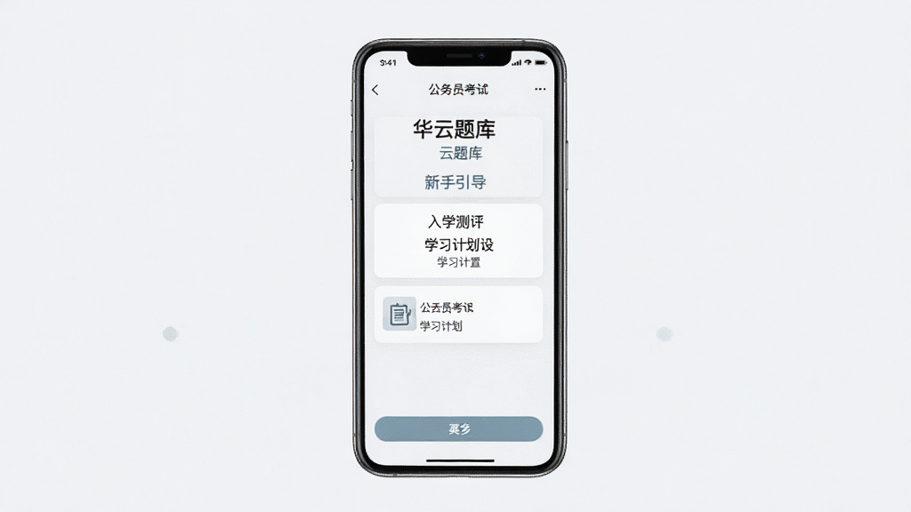 公务员考试华云题库 新手引导界面 展示入学测评与学习计划设置 手机屏幕 排版整齐 风格清爽素雅 细节精致 画质清晰 干净 无多余元素