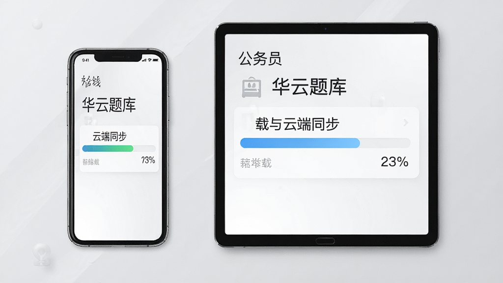 公务员考试华云题库 离线下载与云端同步示意图 手机与平板电脑并列展示同步进度条 排版整齐 风格浅灰质感 细节精致 画质清晰 干净 无多余元素
