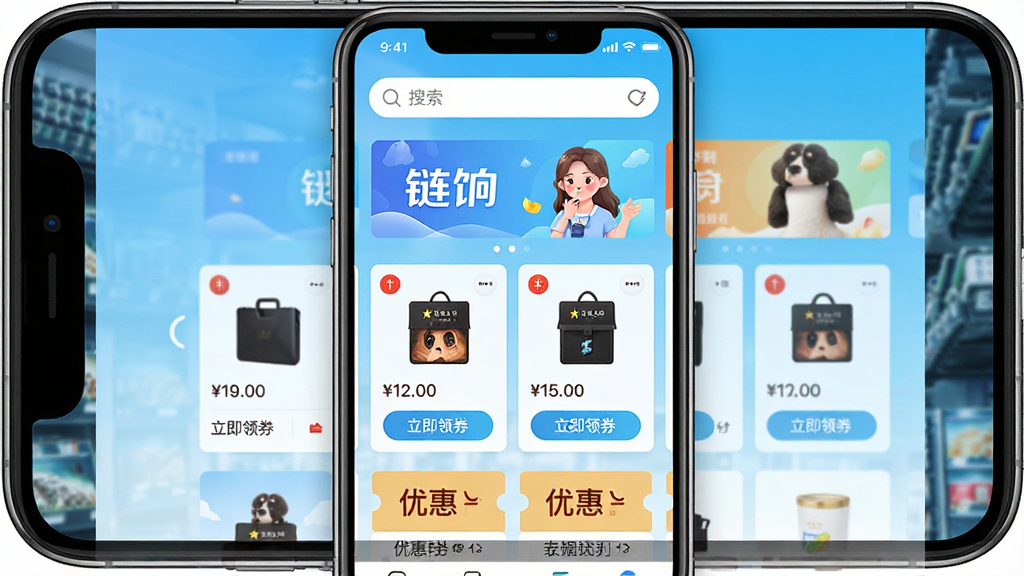 一张手机屏幕展示购物返利应用界面的图片,画面中央是“链饷”应用首页,顶部有搜索框和轮播横幅,下方排列着商品卡片和优惠券标签,背景为明亮的浅蓝色渐变,风格简洁现代,细节包括商品缩略图、价格标签和“立即领券”按钮,画质清晰,干净,无多余元素