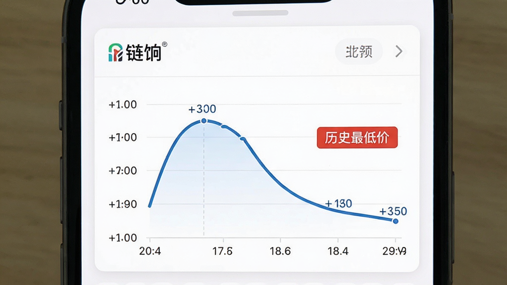 一张展示“链饷”比价功能的手机截图,画面中商品下方有价格走势曲线图,横轴为日期,纵轴为价格,曲线呈现先高后低的趋势,旁边有“历史最低价”标签,背景为白色卡片式设计,风格清爽,细节包括时间轴刻度和价格数字,画质清晰,干净,无多余元素