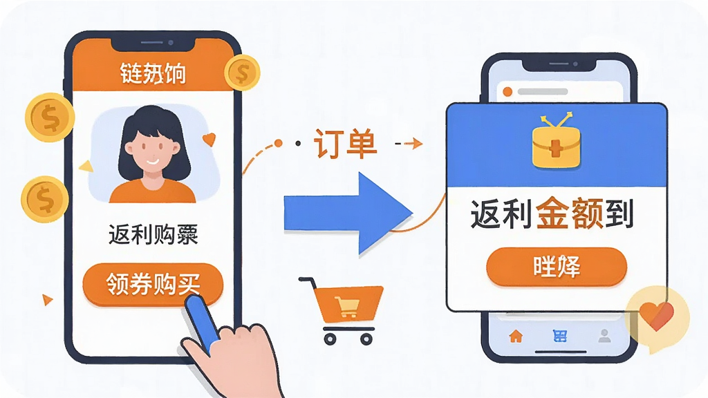 一张展示“链饷”返利流程的示意图,画面左侧是用户点击“领券购买”的按钮,中间是订单跳转箭头,右侧是返利金额到账的提示框,整体采用扁平化插画风格,配色以橙色和蓝色为主,细节包括金币图标、购物车和手机界面元素,画质清晰,干净,无多余元素