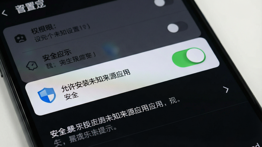 一张展示手机安全设置界面的图片,画面中突出“允许安装未知来源应用”的开关按钮,旁边有盾牌图标和“安全提示”文字,背景为深色系统设置界面,风格写实,细节包括开关状态、权限列表和提示文字,画质清晰,干净,无多余元素