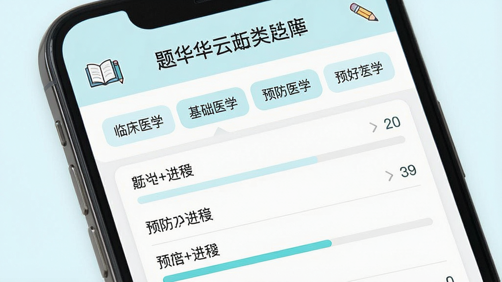 执业医师华云题库 题库分类界面 展示临床医学 基础医学 预防医学等分类标签 主体为手机屏幕特写 屏幕中呈现整齐的科目列表与进度条 布局为上下结构 风格为清新浅色系 细节包含书本与铅笔图标 画质清晰 干净 无多余元素