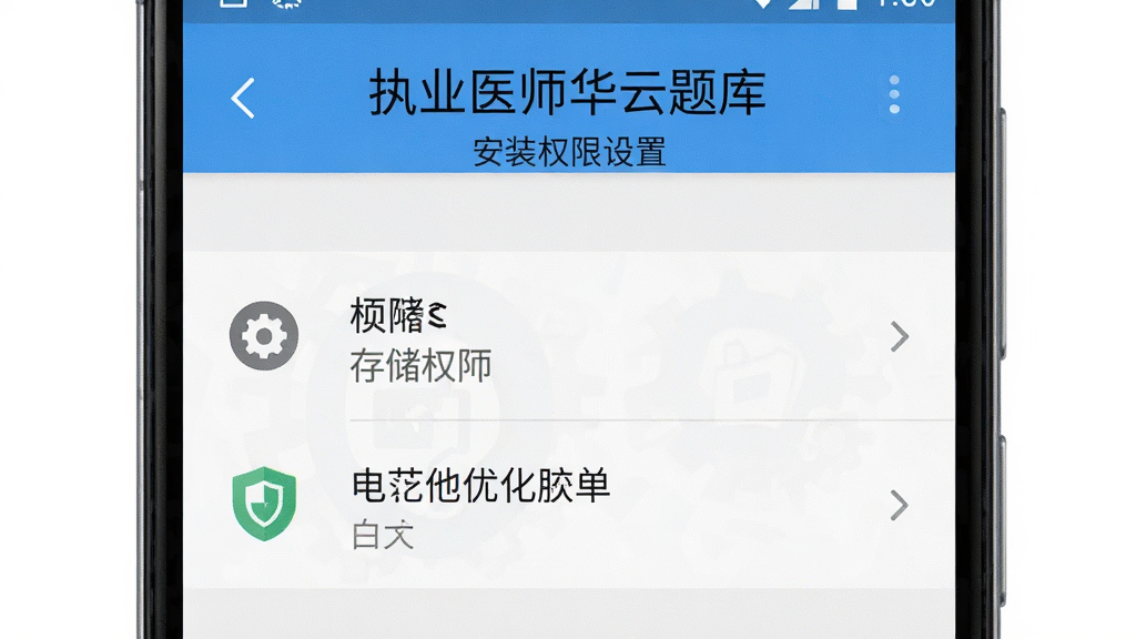 执业医师华云题库 安装权限设置界面 展示安卓手机权限管理页面 主体为手机屏幕 屏幕中显示存储权限与电池优化白名单选项 布局为上下结构 风格为简洁设置风 细节包含齿轮与盾牌图标 画质高清 干净 无多余元素