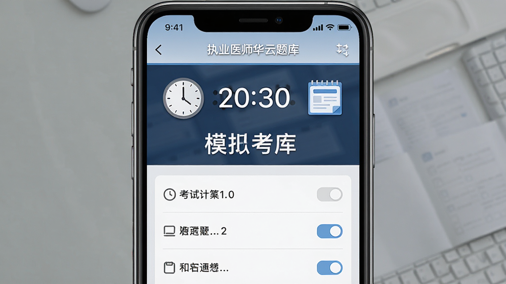 执业医师华云题库 模拟考试界面 展示倒计时与答题卡 主体为手机屏幕 屏幕中显示考试计时器与题目选项 布局为上下结构 风格为严肃考试氛围 细节包含时钟与答题卡图标 画质高清 干净 无多余元素