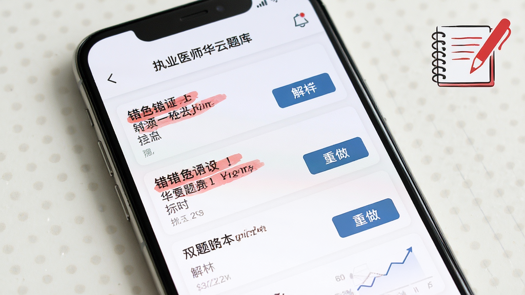 执业医师华云题库 错题本界面 展示错题列表与重做按钮 主体为手机屏幕 屏幕中显示红色标记的错题与解析按钮 布局为列表式 风格为简洁实用风 细节包含笔记本与红色笔迹图标 画质清晰 干净 无多余元素