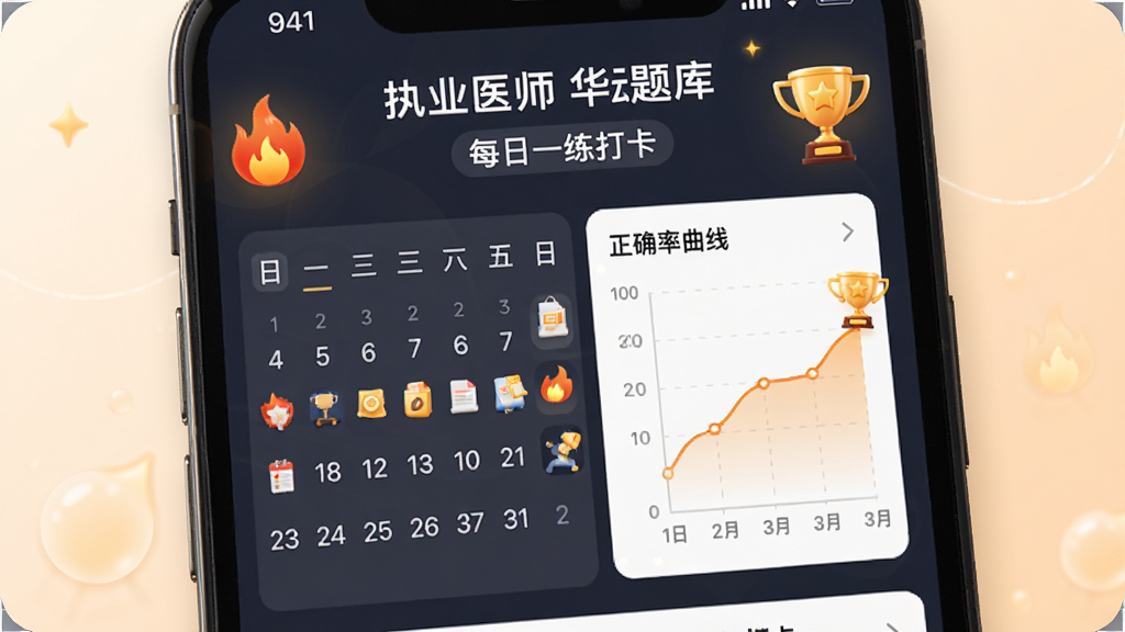 执业医师华云题库 每日一练打卡界面 展示日历打卡记录与正确率曲线 主体为手机屏幕 屏幕中显示打卡日历与数据图表 布局为上下结构 风格为温暖激励风 细节包含火焰与奖杯图标 画质高清 干净 无多余元素