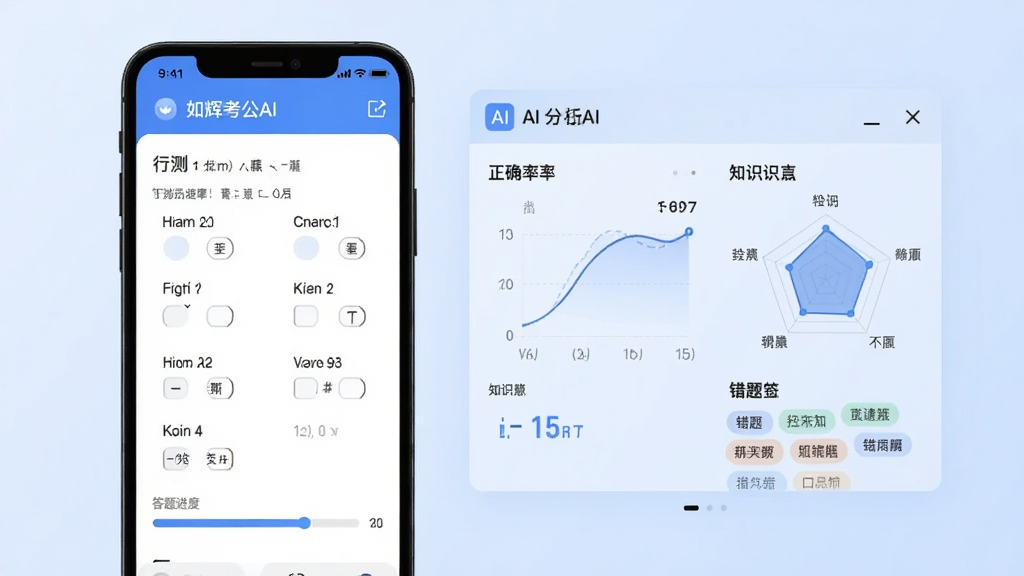 画面展示“如辉考公AI”自适应练习界面,左侧是手机屏幕显示行测选择题与答题进度条,右侧悬浮一个半透明AI分析面板,面板中呈现正确率曲线、知识点雷达图和错题标签,背景为浅蓝色渐变,整体风格简洁现代,扁平插画风格,细节清晰,画质干净无多余元素