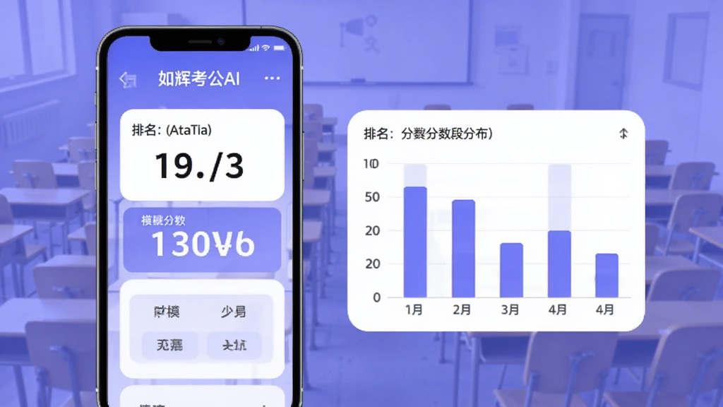 画面展示“如辉考公AI”模考大赛成绩页面,手机屏幕上显示分数、排名和分数段分布柱状图,背景有淡淡的考场座位排列图案,整体采用蓝紫色调,扁平化风格,布局清晰,细节干净,画质明亮无多余元素