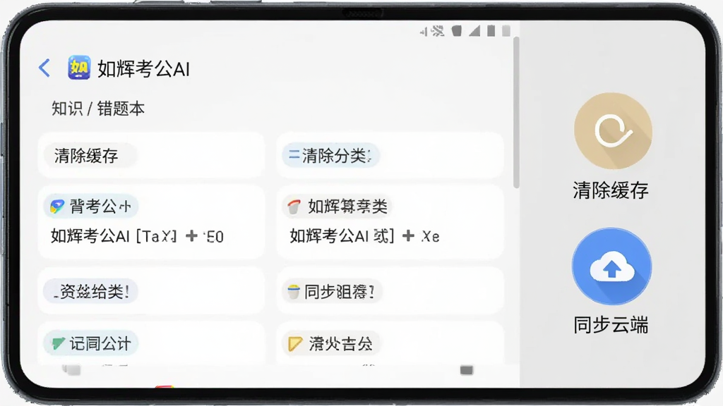 画面展示一部安卓手机屏幕显示“如辉考公AI”错题本界面,错题按知识点分类排列,旁边有清除缓存和同步云端的按钮图标,背景为浅灰色,整体布局简洁,扁平化设计风格,细节清晰,画质干净无多余元素