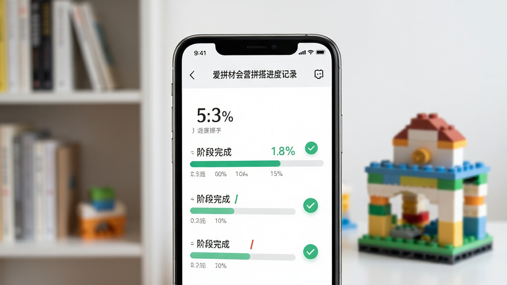 爱拼材会营拼搭进度记录界面,画面主体为手机屏幕上的进度条与阶段完成标记,背景是书架与积木成品展示,布局居中,排版简洁,风格现代清爽,细节包含百分比数字与勾选图标,画质高清,干净,无多余元素