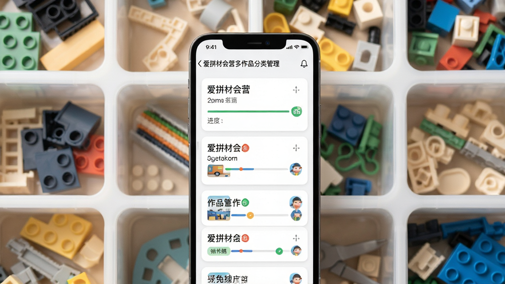 爱拼材会营多作品分类管理界面,画面主体为手机屏幕上的作品卡片列表,每张卡片显示作品名称与进度,背景为整齐的收纳盒与积木零件,布局网格化,排版规整,风格清新素雅,细节包含彩色标签与缩略图,画质高清,干净,无多余元素