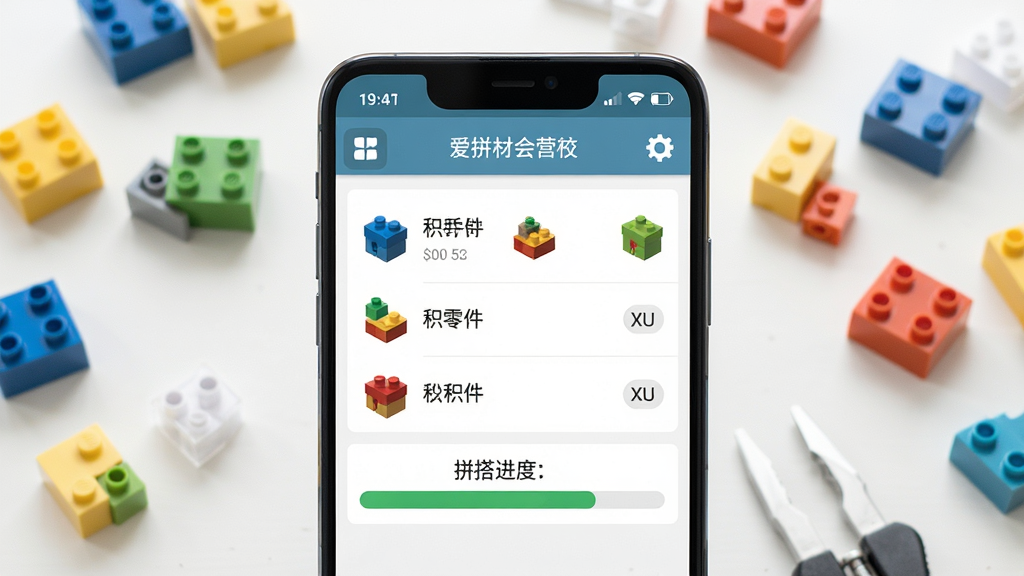 爱拼材会营软件主界面展示,画面中央是一部安卓手机,手机屏幕上显示积木零件清单与拼搭进度条,背景是整洁的桌面与散落的积木零件,主体突出,布局居中,排版简洁,风格清新写实,细节包含彩色积木块与手机界面图标,画质高清,干净,无多余元素