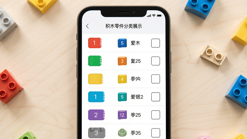 爱拼材会营材料清单功能展示,画面主体为手机屏幕上的积木零件分类列表,左侧是颜色标签,右侧是数量勾选框,背景为浅色桌面与少量积木零件,布局清晰,排版整齐,风格简约明快,细节包含彩色小方块图标与数字标记,画质高清,干净,无多余元素