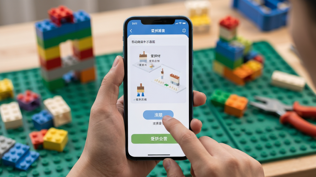 爱拼材会营移动端操作示意图,画面主体为手持手机展示软件操作界面,背景为积木拼搭工作台,布局以手机为中心,排版简洁,风格生活化实拍感,细节包含手指点击屏幕的动作与界面按钮,画质高清,干净,无多余元素