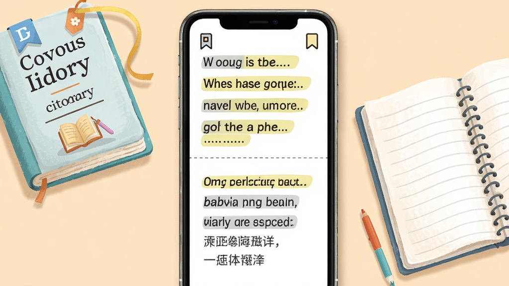 跟我读英语课文翻译对照页面,手机屏幕分上下两栏,上栏为英文课文句子,下栏为中文翻译,中间用虚线分隔,旁边放置英语词典与笔记本,布局为上下分层构图,风格为清新学习插画,细节包含书签图标、高亮色块、柔和阴影,画质清晰干净无多余元素