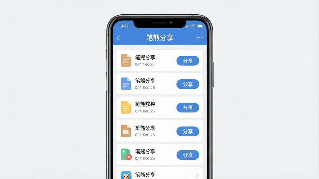 一张展示笔熊分享软件主界面的场景图,画面中央是手机屏幕,屏幕内显示笔熊分享应用的主页,页面顶部有软件名称“笔熊分享”,下方排列着文档列表和分享按钮,整体布局清晰简洁,风格为现代扁平化设计,细节包括图标、按钮和列表项,画质高清,干净无多余元素