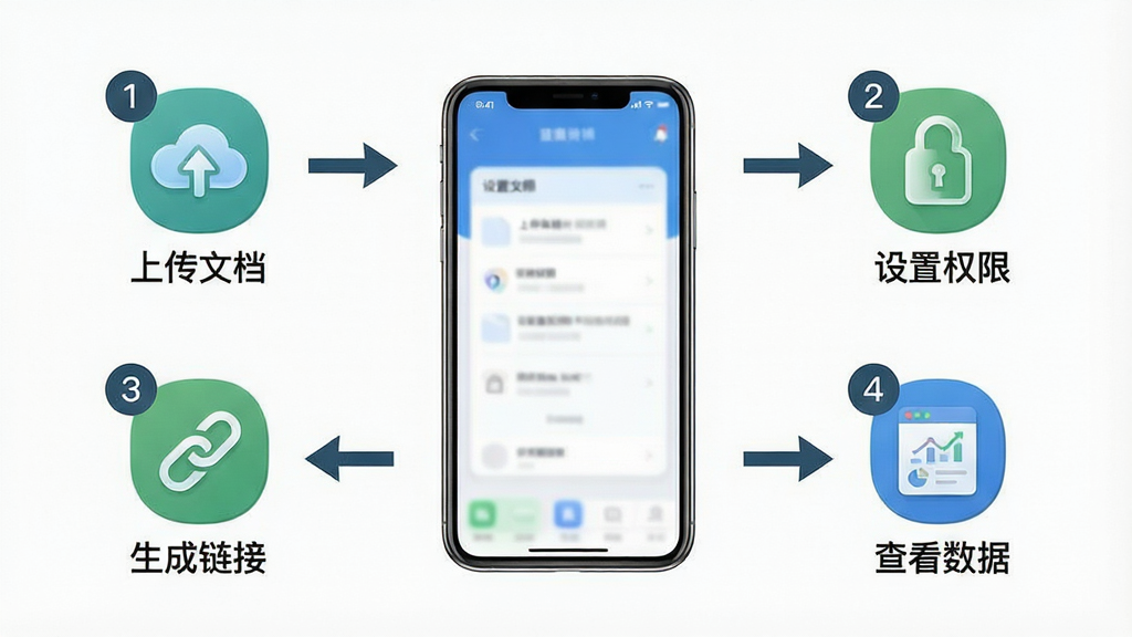 一张展示笔熊分享手机端操作流程的示意图,画面以手机屏幕为中心,周围环绕着“上传文档”“设置权限”“生成链接”“查看数据”四个步骤图标,布局为流程式排列,风格为简洁信息图,细节包括步骤编号和连接箭头,画质清晰,干净整洁,无多余装饰