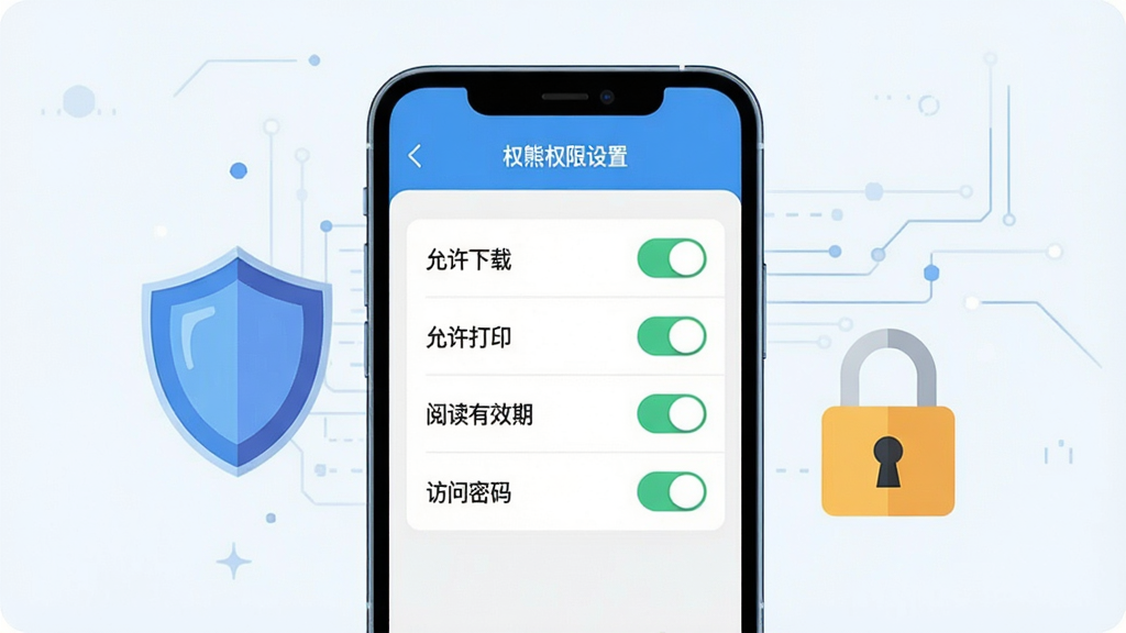 一张展示笔熊分享权限设置界面的图,画面中手机屏幕显示权限配置页面,包含“允许下载”“允许打印”“阅读有效期”“访问密码”等选项开关,界面风格简洁明快,手机旁边有盾牌和锁的图标作为装饰元素,整体布局居中,风格为科技感扁平插画,细节清晰,画质干净,无多余元素
