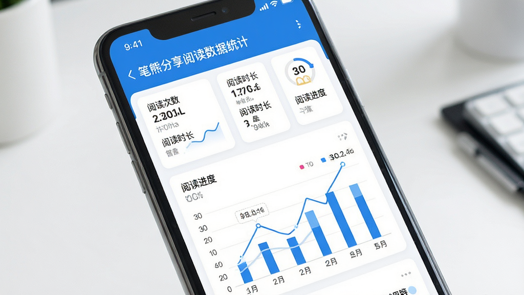 一张展示笔熊分享阅读数据统计页面的图,手机屏幕内显示数据看板,包含“阅读次数”“阅读时长”“阅读进度”等数据卡片和图表,页面布局规整,风格为清新商务风,配色以蓝白为主,细节包括图表线条和数据标签,画质高清,干净整洁