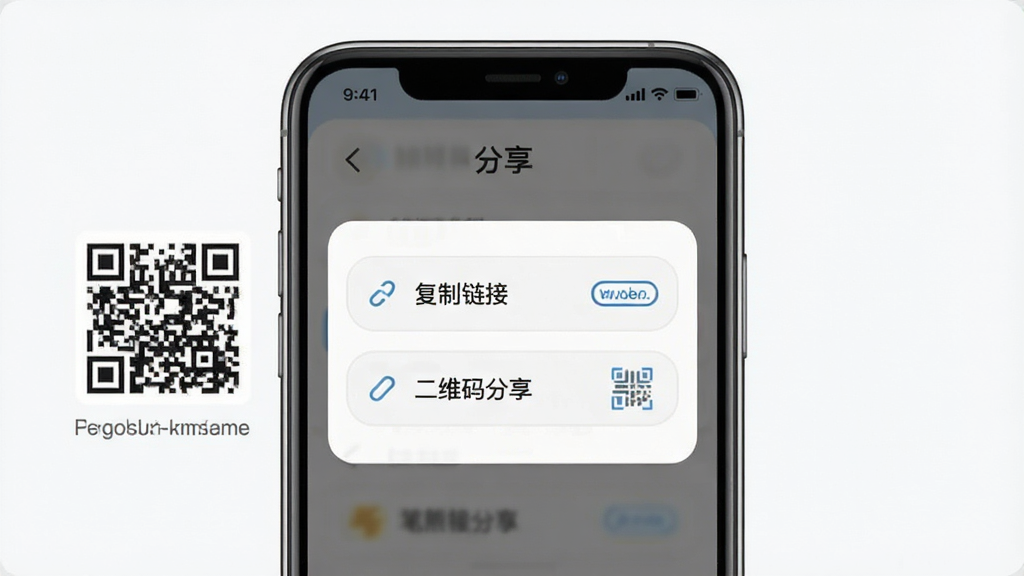 一张展示笔熊分享链接与二维码分享方式的图,手机屏幕内显示分享面板,包含“复制链接”和“二维码分享”两个选项,旁边有二维码图案和链接图标,布局简洁,风格为现代扁平化,细节清晰,画质高清,干净无多余元素