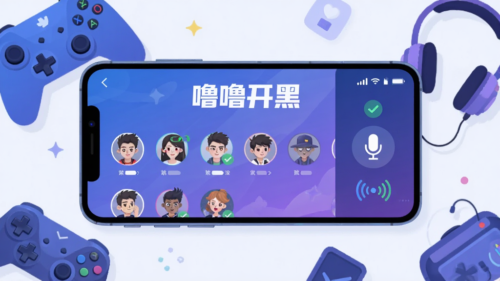 画面主体为一部横向放置的智能手机,屏幕上显示着“噜噜开黑”的组队大厅界面,界面中有多个玩家头像整齐排列,右侧有语音麦克风图标和信号波纹;手机周围环绕着游戏手柄、耳机等元素;布局采用居中构图,手机占据画面中心位置;排版清晰,界面文字大而醒目;风格为现代科技感扁平插画风,色调以蓝色和紫色渐变为主;细节上屏幕内显示“噜噜开黑”字样和队友匹配成功的绿色对勾;画质高清,干净,无多余元素