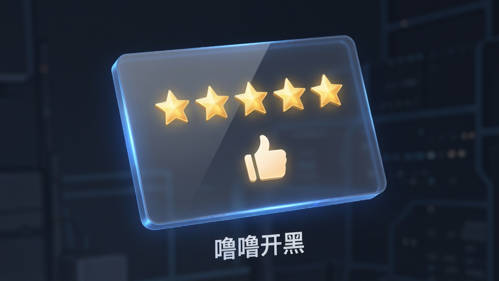 画面主体为一块悬浮的半透明数据面板,面板上显示五星评分和点赞图标,面板下方有“噜噜开黑”文字标识;布局采用居中悬浮式构图,面板略微倾斜;排版上评分星星位于面板上方,点赞图标位于下方;风格为简约科技风UI界面;细节上星星带有金色发光效果,面板边缘有蓝色光边;画质高清,干净,无多余元素