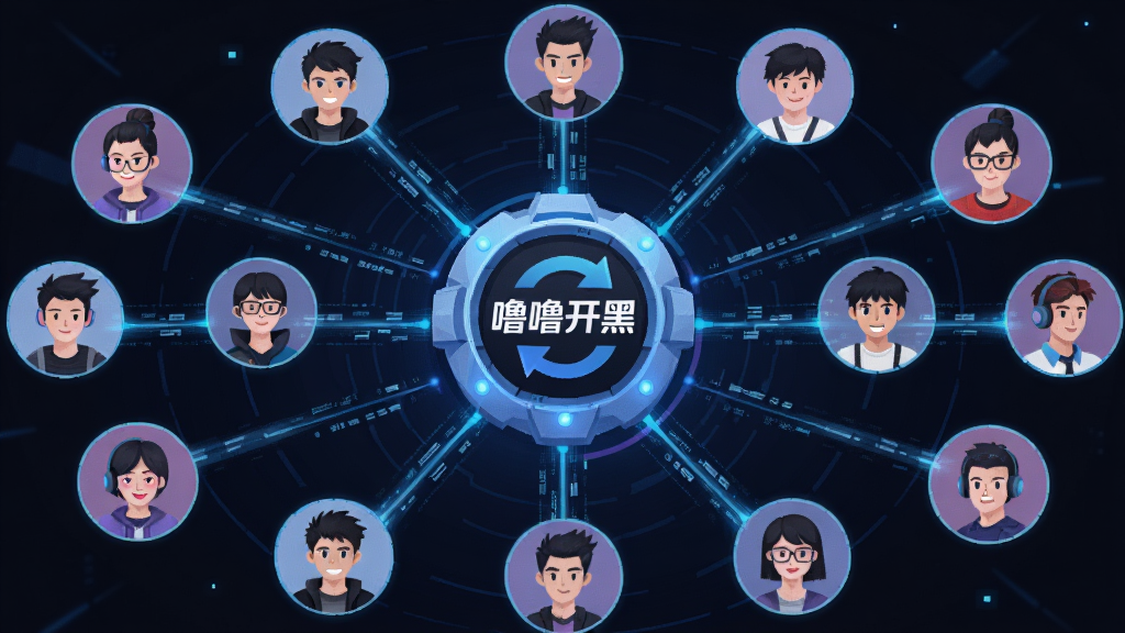 画面主体为一个发光的智能匹配引擎图标,周围环绕着多个玩家头像通过光线连接在一起,形成网络状结构;布局采用中心辐射式构图,引擎图标位于画面正中央;排版上头像均匀分布在四周,光线线条流畅;风格为未来科技感矢量插画;细节上引擎图标内嵌“噜噜开黑”文字,连接线带有数据流动效果;画质清晰,干净,无多余元素