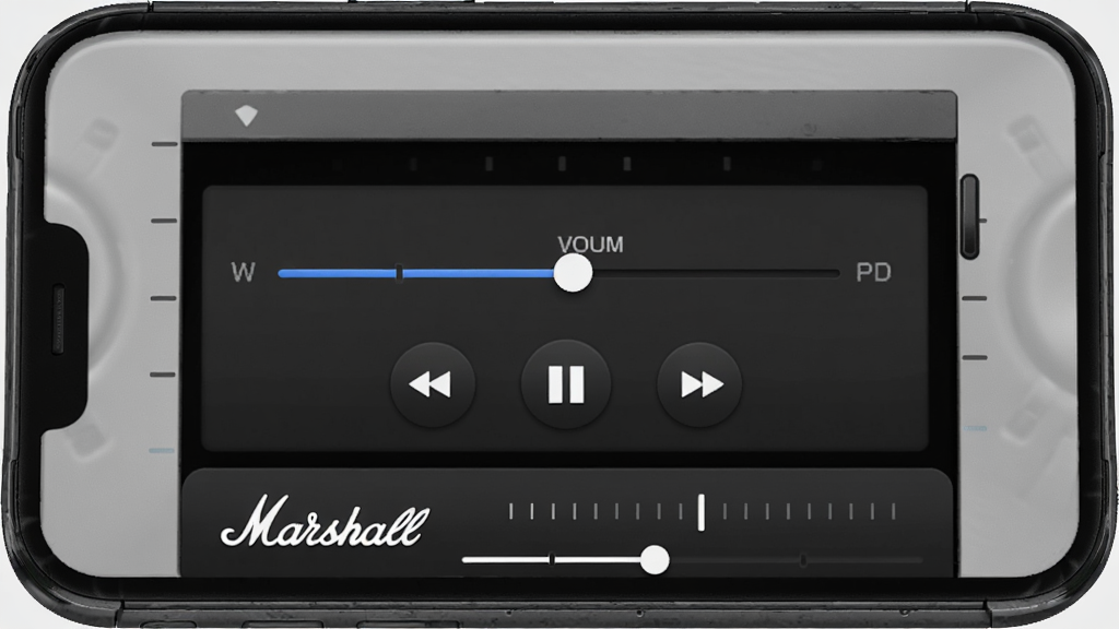 Marshall Bluetooth 音量控制面板,主体为手机屏幕显示音量滑块与播放控制按钮,布局为底部操作栏样式,风格为深色主题移动应用界面,细节包含 Marshall 标志、音量刻度、播放图标,画质高清,干净,无多余元素