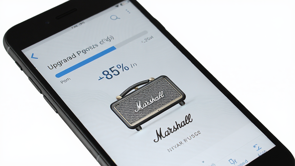 Marshall Bluetooth 固件升级界面,主体为手机屏幕显示升级进度条与 Marshall 音箱图标,布局为居中排版,风格为简洁科技风,细节包含进度百分比、音箱线稿、提示文字,画质高清,干净,无多余元素