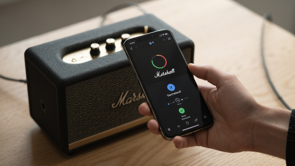 Marshall Bluetooth 安卓手机连接音箱操作场景图,主体为一只手拿着手机靠近 Marshall 音箱,布局为前后景构图,手机屏幕显示连接成功界面,风格为生活场景摄影,细节包含木质桌面、音箱旋钮、手机界面光效,画质高清,干净,无多余元素
