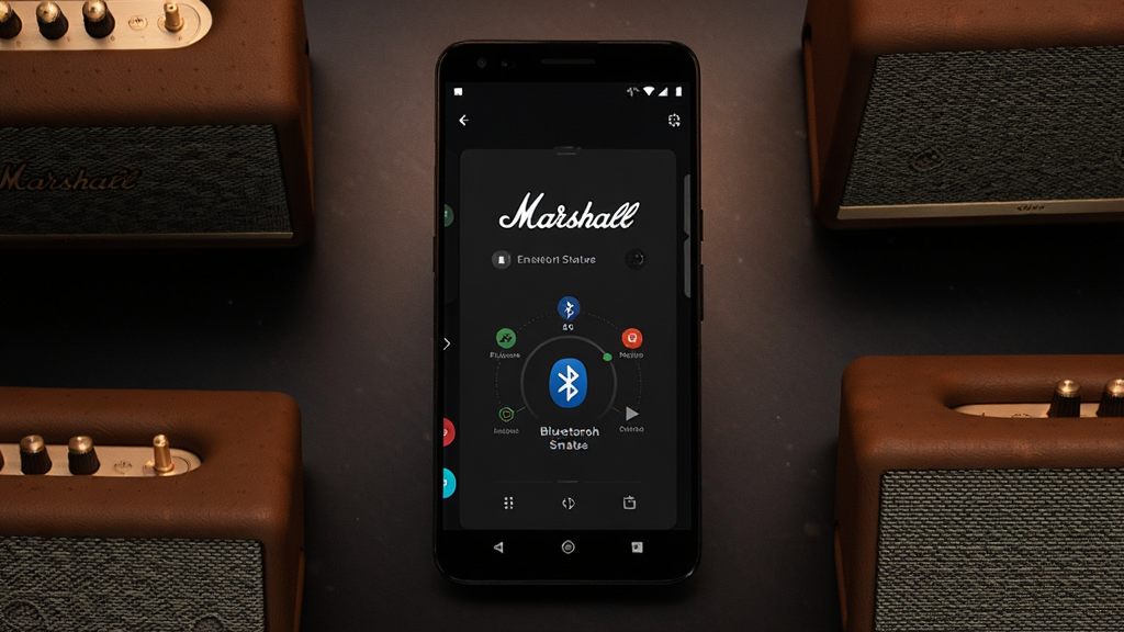 Marshall Bluetooth 应用主界面展示,主体为一部安卓手机屏幕,屏幕中央显示 Marshall 品牌标志与蓝牙音箱连接状态面板,周围环绕 Emberton 与 Stanmore 音箱产品,布局采用居中构图,排版简洁清晰,风格为现代科技产品摄影,细节包含深色背景、暖色灯光反射、音箱编织网纹质感,画质高清,干净,无多余元素