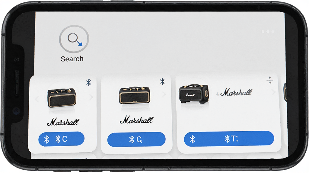 Marshall Bluetooth 设备配对界面,主体为手机屏幕显示附近可连接的 Marshall 音箱列表,布局为上下结构,上方为搜索动画,下方为设备卡片,排版整齐,风格为移动应用 UI 展示,细节包含蓝牙图标、设备缩略图、连接按钮,画质高清,干净,无多余元素