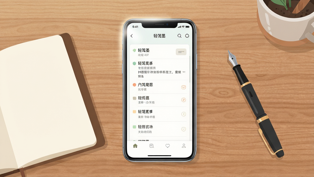 一张展示轻笺墨应用主界面的场景图,画面中央是一部智能手机,屏幕上显示着轻笺墨APP的极简笔记列表界面,背景是干净的书桌,桌上有笔记本和钢笔,整体布局采用中心构图,排版简洁,风格为清新文艺的扁平化插画风,细节上手机屏幕有柔和的光泽,书桌木纹清晰,画质高清,干净,无多余元素