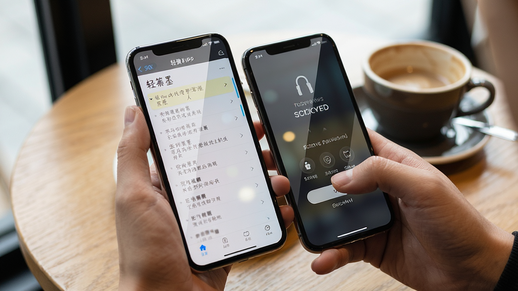 一张展示轻笺墨在手机上安全使用的场景图,画面主体是双手持手机操作轻笺墨APP,屏幕上显示笔记列表和锁屏密码输入界面,布局为第一人称视角,风格为写实生活风,细节上手机屏幕有防窥膜反光,背景是咖啡厅桌面,画质高清,干净,无多余元素