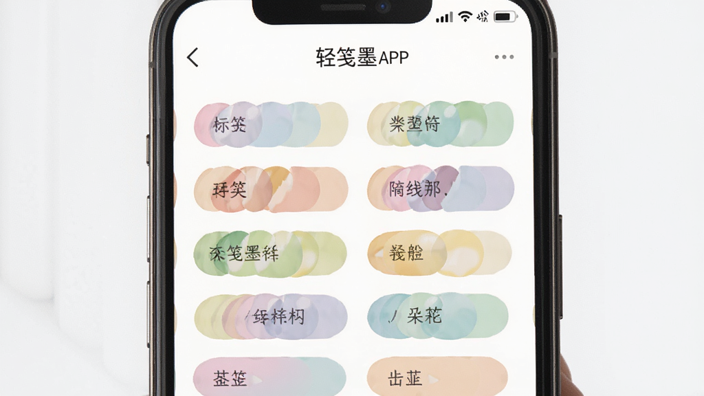 一张展示轻笺墨标签分类功能的示意图,画面主体是手机屏幕中轻笺墨APP的标签管理界面,多个彩色标签整齐排列,布局为网格状展示,风格为清爽的扁平化设计,细节上标签颜色柔和区分明显,画质高清,干净,无多余元素