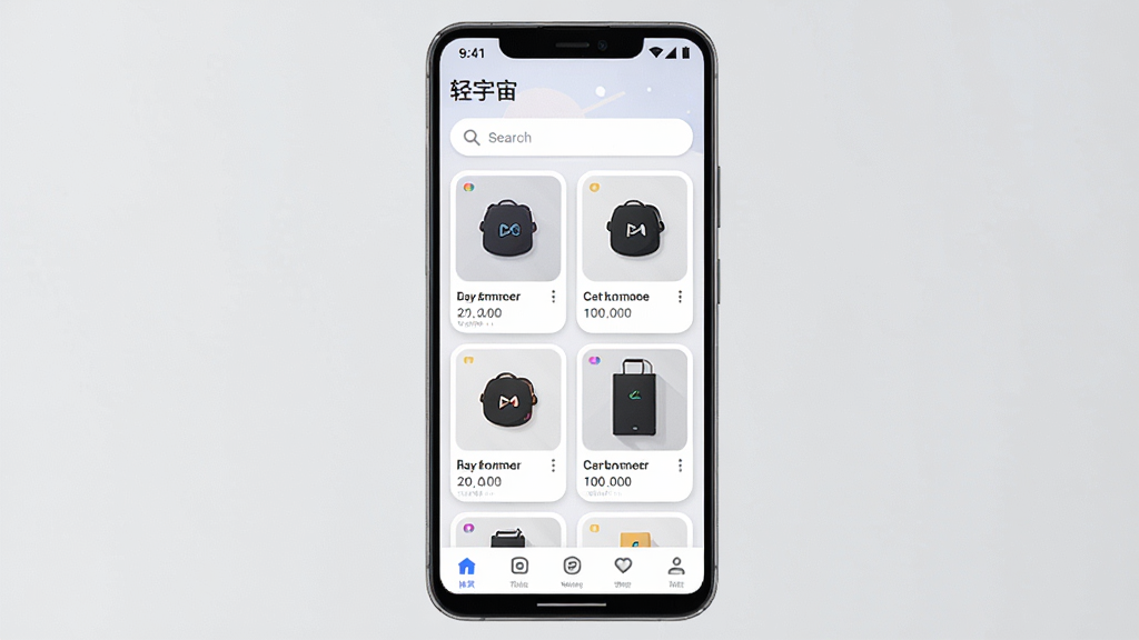 一张手机应用界面展示图,画面中央是一部竖屏安卓手机,屏幕内显示“轻宇宙”APP首页,顶部有搜索框,中部是商品卡片网格,底部是导航栏,整体布局简洁,风格为现代扁平化设计,细节包括圆角卡片和柔和阴影,画质清晰,干净,无多余元素
