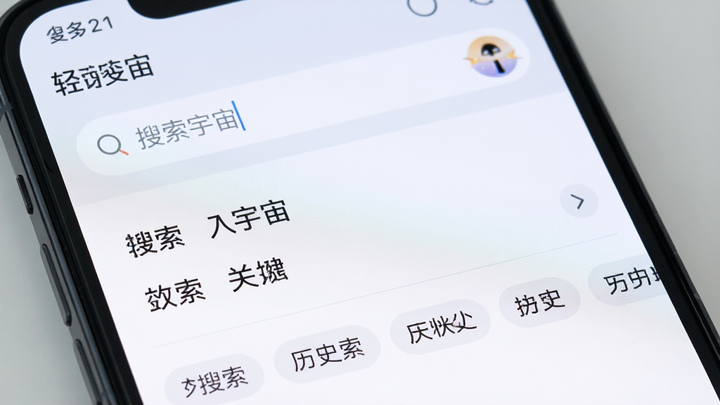 一张手机屏幕特写图,画面主体是“轻宇宙”APP的搜索界面,搜索框位于顶部,下方显示联想词列表和历史搜索标签,布局清晰,风格为清新浅色系,细节包括圆角输入框和浅灰分割线,画质清晰,干净,无多余元素