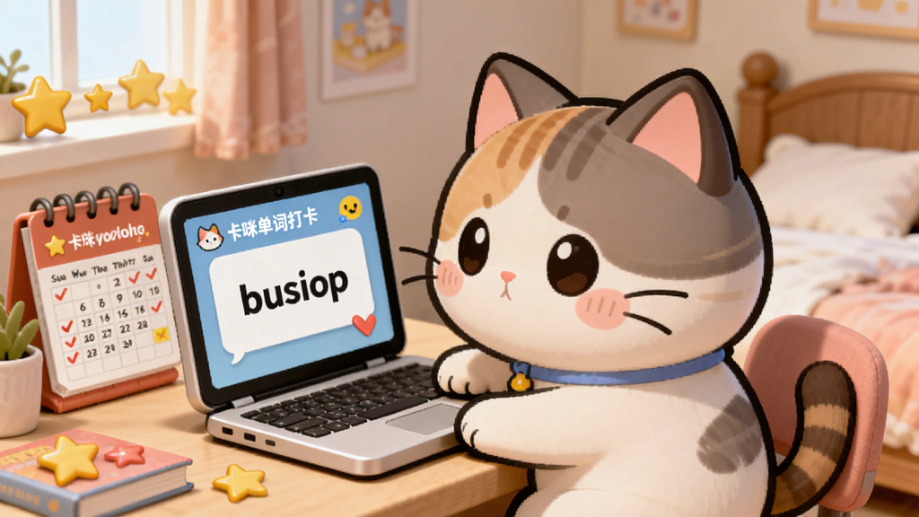 一只可爱的卡通猫咪宠物坐在书桌前,面前放着一台迷你笔记本电脑,屏幕上显示卡咪单词打卡的单词卡片,猫咪旁边有单词打卡日历和星星奖励图标,背景是温馨的卧室场景,布局以猫咪为中心,风格治愈系卡通,细节包括猫咪专注的表情、屏幕上的英文单词、日历上的红色对勾标记,画质高清,画面干净,无多余元素。