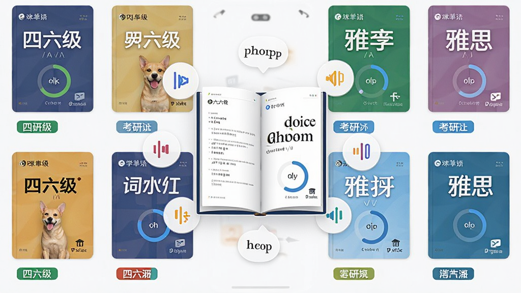 画面展示卡咪单词打卡APP的词库选择界面,多个词书封面以网格状排列,包括四六级、考研、雅思等标签,界面中央有一本打开的词书突出显示,周围环绕英文单词和发音图标,布局整齐有序,风格简洁现代,细节包括词书封面的不同颜色、单词音标符号、学习进度环,画质高清,画面干净,无多余元素。
