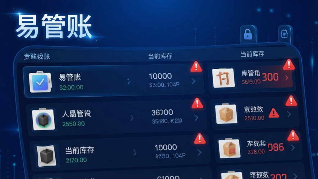 一张展示“易管账”App库存管理界面的图片,屏幕上列出多种商品名称、当前库存数量,其中部分商品数量显示为红色并带有感叹号预警标志。画面风格为科技感数据面板风,背景为深蓝色渐变,数据和图标带有发光效果,突出“易管账”软件名称和智能预警功能,画质细腻,排版整洁。
