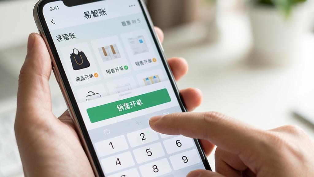 一张特写镜头,展示一只手拿着手机,手指正在点击“易管账”App界面上的“销售开单”按钮,屏幕背景是商品选择列表和数字键盘。画面风格为真实生活场景拍摄,光线明亮柔和,手机屏幕清晰可见,背景略微虚化,突出“易管账”软件名称和操作便捷性,画质干净,无多余杂物。