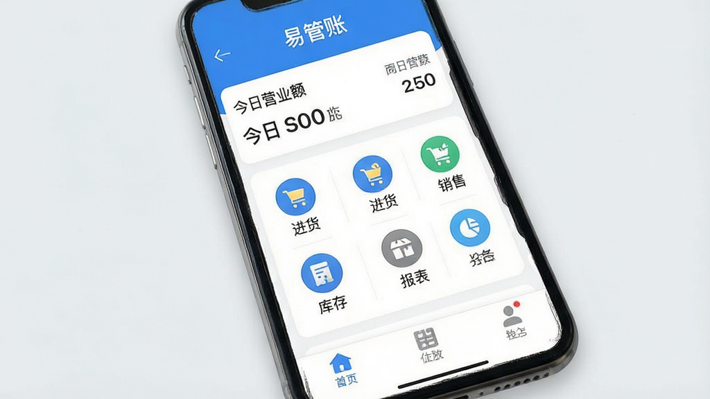 一张展示手机屏幕显示“易管账”App主界面的图片,界面布局清晰,上方有店铺名称和今日营业额概览,中间是功能图标网格,包括进货、销售、库存、报表等,底部是导航栏。画面风格为现代简约商务风,主色调为蓝色和白色,背景为干净的浅灰色,画质清晰,细节丰富,无多余元素,适合作为软件下载站的预览图。