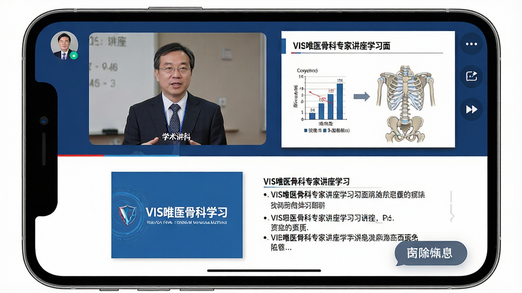 VIS唯医骨科专家讲座学习界面,主体为手机屏幕显示学术讲座视频播放页面,布局上方为演讲者画面下方为幻灯片内容展示,排版简洁专业,风格学术会议直播,细节包含演讲者头像、PPT图表、文字要点、弹幕互动图标等元素,画质高清干净无多余元素